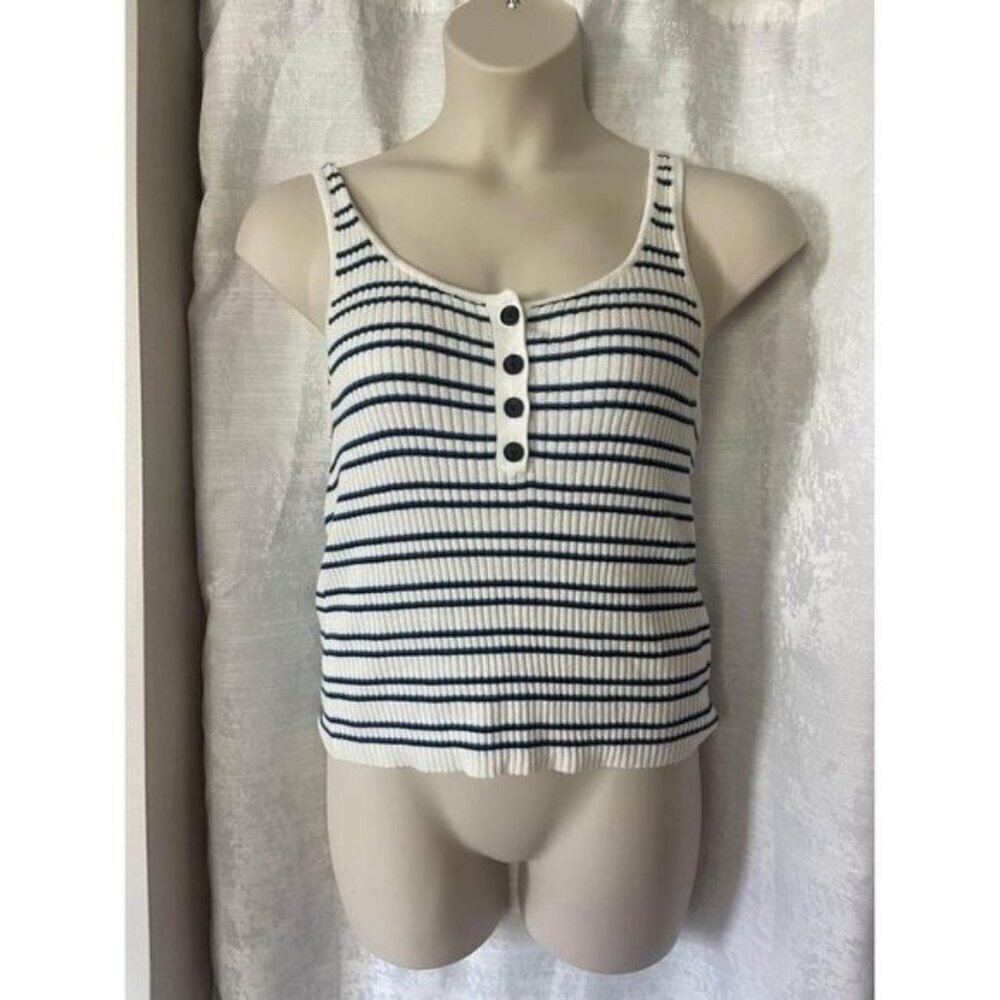 American Eagle White & Blue ribbed stretchy tank top with buttons. Size XL #0134
